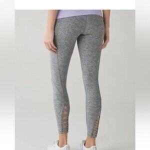 Lululemon ^ Pure Practice Pant Heathered Slate Gray Leggings Lattice Trim EUC